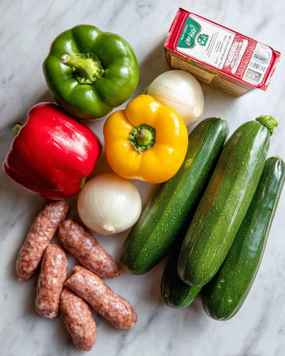 The image shows fresh ingredients arranged on a white marbled surface. There are three zucchinis stacked, green and shiny, to the right. Near them is a white onion and two cloves of garlic. Above the onion is a red and white carton of tomato sauce. To the left are three colorful bell peppers, one green, one yellow, and one red. Scattered around the bottom left are six pieces of smoked sausage, their skin wrinkled and reddish-brown. All the items are spaced out with good light highlighting their colors and textures. photo taken with an iphone --ar 4:5 --v 7