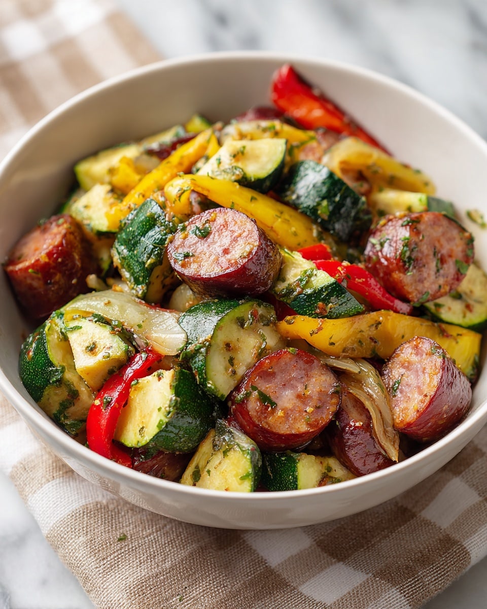 A white bowl filled with a colorful mix of cooked vegetables and sausage. The dish has multiple layers: thick slices of browned sausage with a reddish-brown color, large chunks of green zucchini with pale yellow insides, bright red and yellow bell pepper strips, and translucent cooked onion pieces. The vegetables and sausage are coated in herbs and light seasoning, giving a slightly shiny texture. The bowl is placed on a white marbled surface with a beige and gray checkered cloth next to it. Photo taken with an iphone --ar 4:5 --v 7