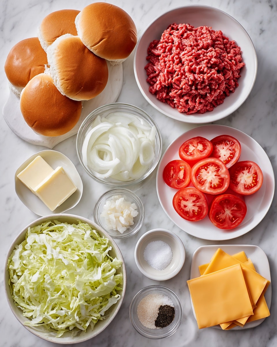 The image shows raw ingredients for making burgers placed neatly on a white marbled surface. There are four sandwich rolls on the left side with a light brown crust and soft texture. Next to the rolls is a white bowl filled with red raw ground meat. To the right of this is a white plate with sliced bright red tomatoes arranged in a circle. Below the rolls is a white bowl filled with shredded green lettuce, and next to it is a white bowl containing sliced white onions. In the center, there is a stick of pale yellow butter on a clear wrapper. Small white bowls with black pepper, coarse salt, a white creamy substance, and light brown powder are also displayed, along with four yellow cheese slices stacked neatly on the right. photo taken with an iphone --ar 4:5 --v 7