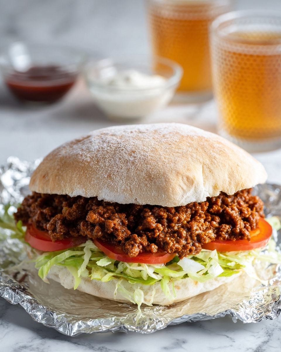 A sandwich wrapped in shiny aluminum foil sits on a white marbled surface. The sandwich has a soft, light brown top bun dusted with flour. Inside, a thick layer of cooked ground meat with a rich brown color rests on top of a base layer of fresh, shredded pale green lettuce and bright red tomato slices. In the background, two small clear glass bowls hold dollops of white sauce and dark red sauce, while two textured glasses filled with a light amber drink are also visible. photo taken with an iphone --ar 4:5 --v 7