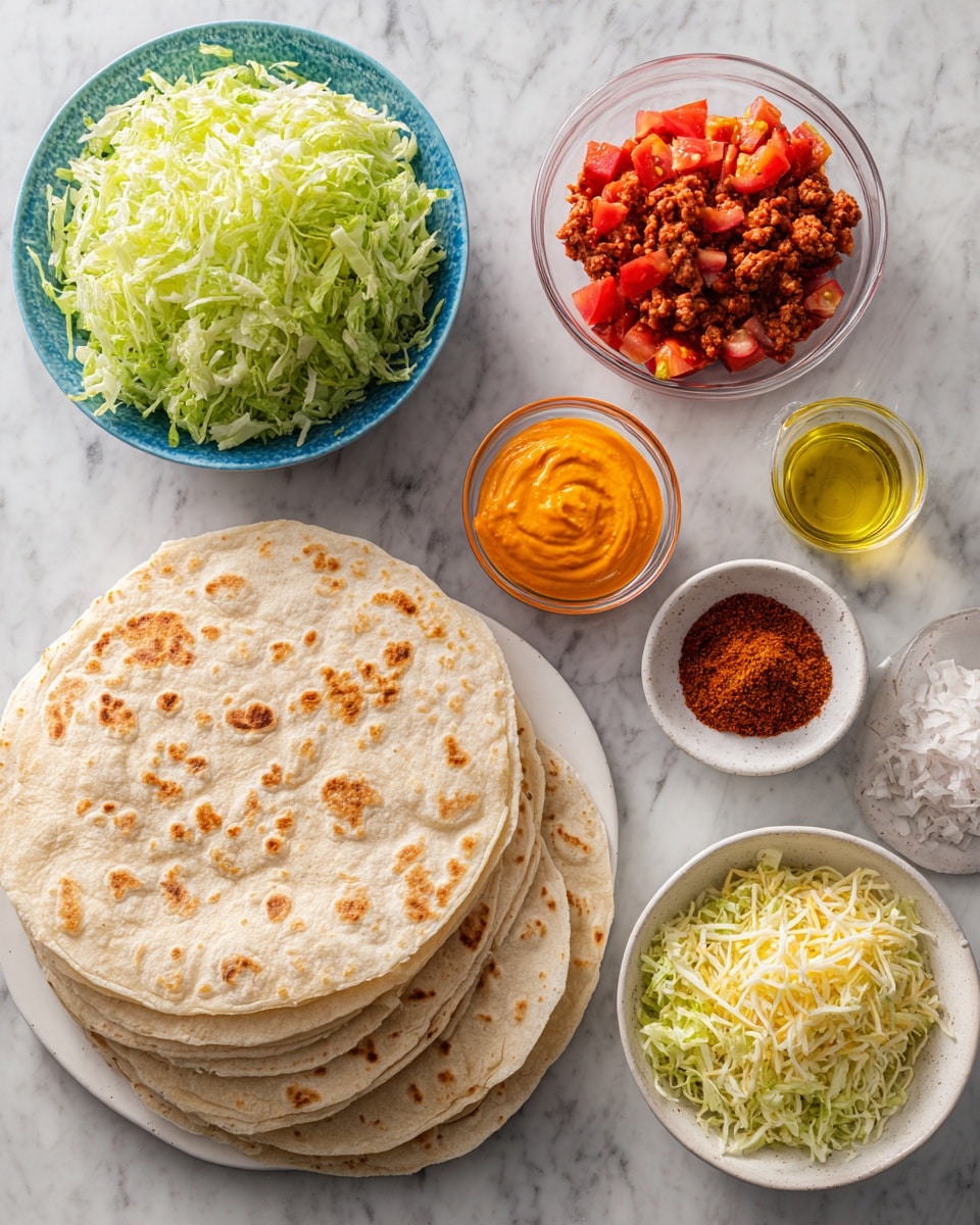 The image shows ingredients arranged on a white marbled surface, including a mound of shredded green lettuce in a blue bowl; a small clear bowl of bright orange creamy sauce; a small clear bowl filled with diced red tomatoes; a stack of round light brown tortillas placed on the right side; a heap of shredded yellow and white cheese in a white bowl; a small glass container with yellow oil; a small white bowl with reddish-brown taco seasoning; a plate with raw ground meat that is deep red in color; and a stack of large round tortillas with light brown spots laid on the left side. The scene is bright and neat, capturing fresh and colorful taco components. photo taken with an iphone --ar 4:5 --v 7
