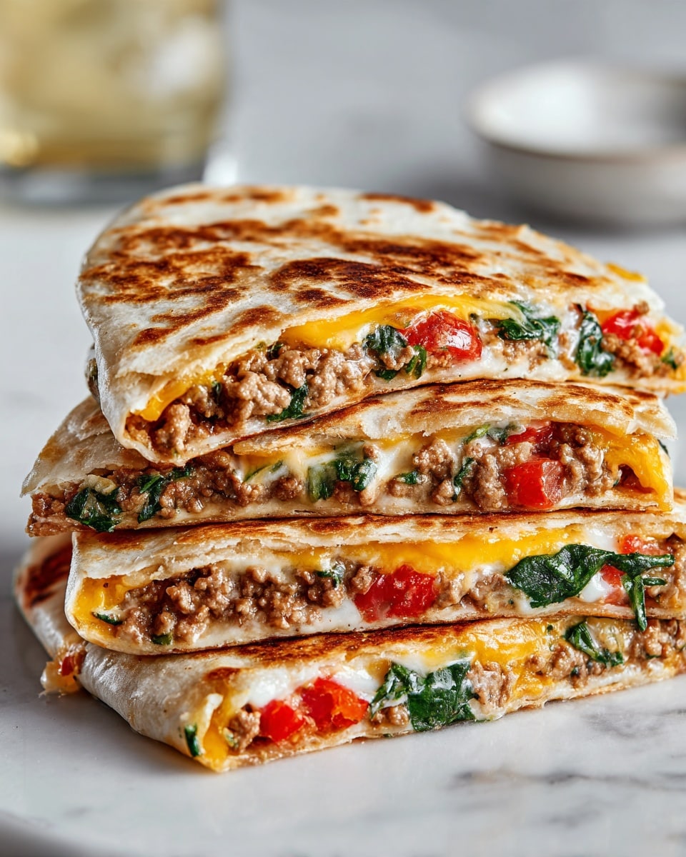 A stack of four folded quesadillas on a white marbled surface, each cut in half to show three layers inside: the top layer is light brown cooked ground meat mixed with small green herbs, the middle layer is melted yellow cheese with a smooth texture, and the bottom layer has fresh green spinach leaves and slices of red tomato. The quesadilla tortillas are golden brown with some darker toasted spots, soft but slightly crispy on the edges. The pieces are neatly stacked, showing the cross-section clearly, with a small blurred glass and bowl in the background. Photo taken with an iphone --ar 4:5 --v 7