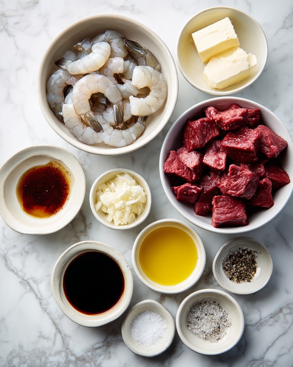 The image shows several small white bowls arranged on a white marbled surface, each holding different cooking ingredients. One large bowl holds raw shrimp with a pale pinkish-gray color, and another large bowl contains chunks of raw red beef. Smaller bowls contain a white cube of butter, minced garlic, a dark brown sauce, a reddish-brown liquid, a yellow oil, a light brown liquid, and a small bowl with salt and pepper. The arrangement is neat and separate, with each ingredient clearly visible in its own bowl. Photo taken with an iphone --ar 4:5 --v 7