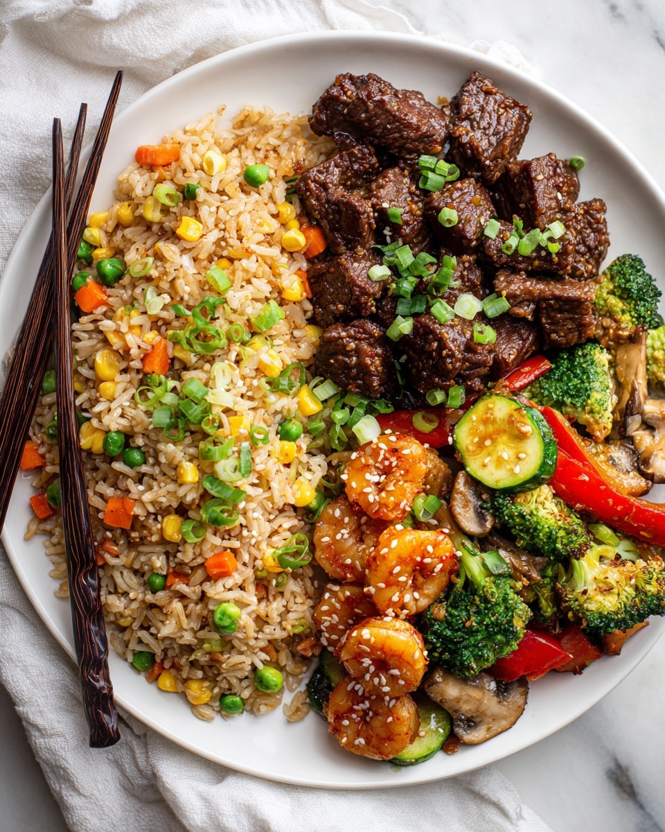 A white plate on a white marbled surface holds three main sections of food. On the left side, there is a pile of brown fried rice mixed with small pieces of green peas, corn, and diced carrots, garnished with chopped green onions. In the middle, there are dark brown beef chunks and orange-brown shrimp sprinkled with white sesame seeds and small green onion bits. On the right, a colorful stir-fried vegetable mix features green broccoli florets, light green zucchini slices, red bell pepper strips, and some mushrooms, all topped with a few more chopped green onions. A pair of dark wooden chopsticks rests on the plate's left side on a white cloth. Photo taken with an iphone --ar 4:5 --v 7