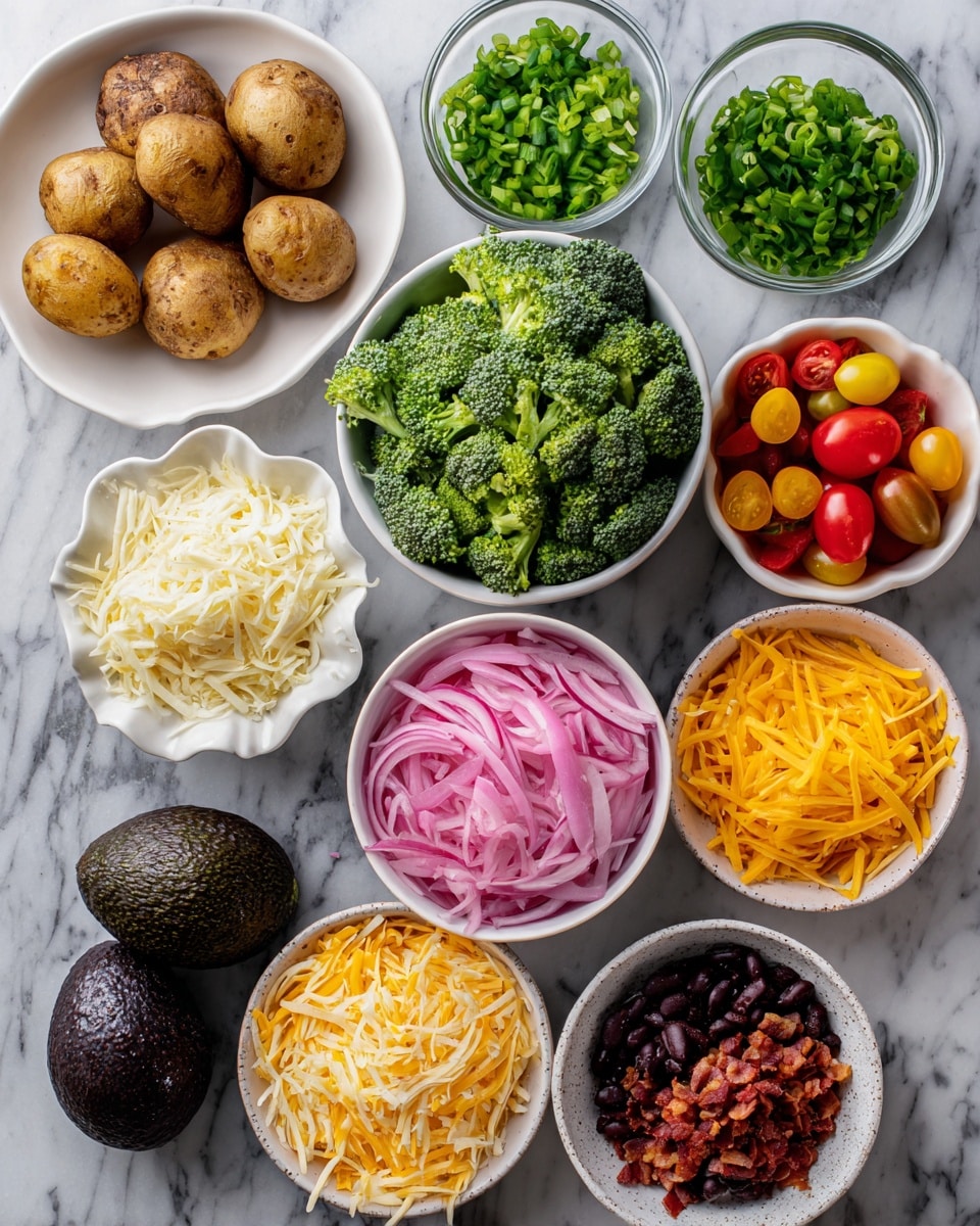 The image shows a white marbled surface with many small white bowls and a plate, all filled with different food items arranged neatly. On the left side, there is a white plate with four roasted potatoes that have a brown, slightly crispy skin. Near them, a white bowl is full of steamed green broccoli florets. There are two whole dark green avocados placed near the center bottom. Moving clockwise, small white bowls contain shredded white cheese, crispy bacon bits, shredded yellow cheese, finely chopped red onions, and a colorful mix of red, yellow, and orange cherry tomatoes. There is also a white scalloped bowl with pickled pink onions and a small speckled bowl filled with a dark bean and tomato mix. Finally, chopped fresh green onions are in a clear bowl towards the top center. Photo taken with an iphone --ar 4:5 --v 7