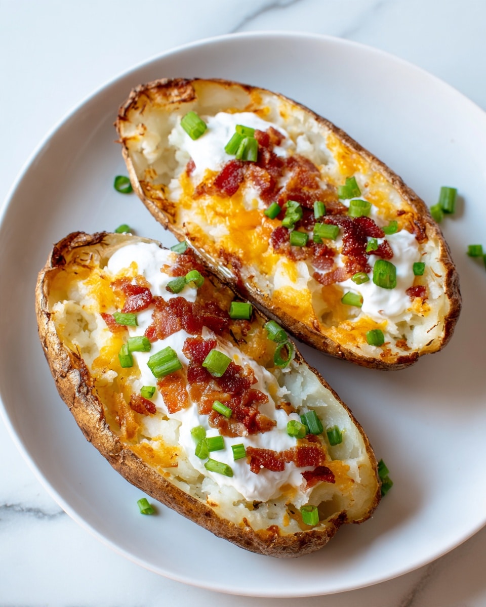Two potato skins lay side by side on a white plate over a white marbled surface. Each potato skin has three clear layers: the bottom layer is the brown, slightly rough potato shell filled with mashed potato mixed with melted orange cheese. On top of the mashed potato is a white layer of creamy sour cream dolloped unevenly. The final layer is scattered green onion pieces and small red crispy bacon bits spread across the sour cream, adding texture and color contrast. Photo taken with an iphone --ar 4:5 --v 7