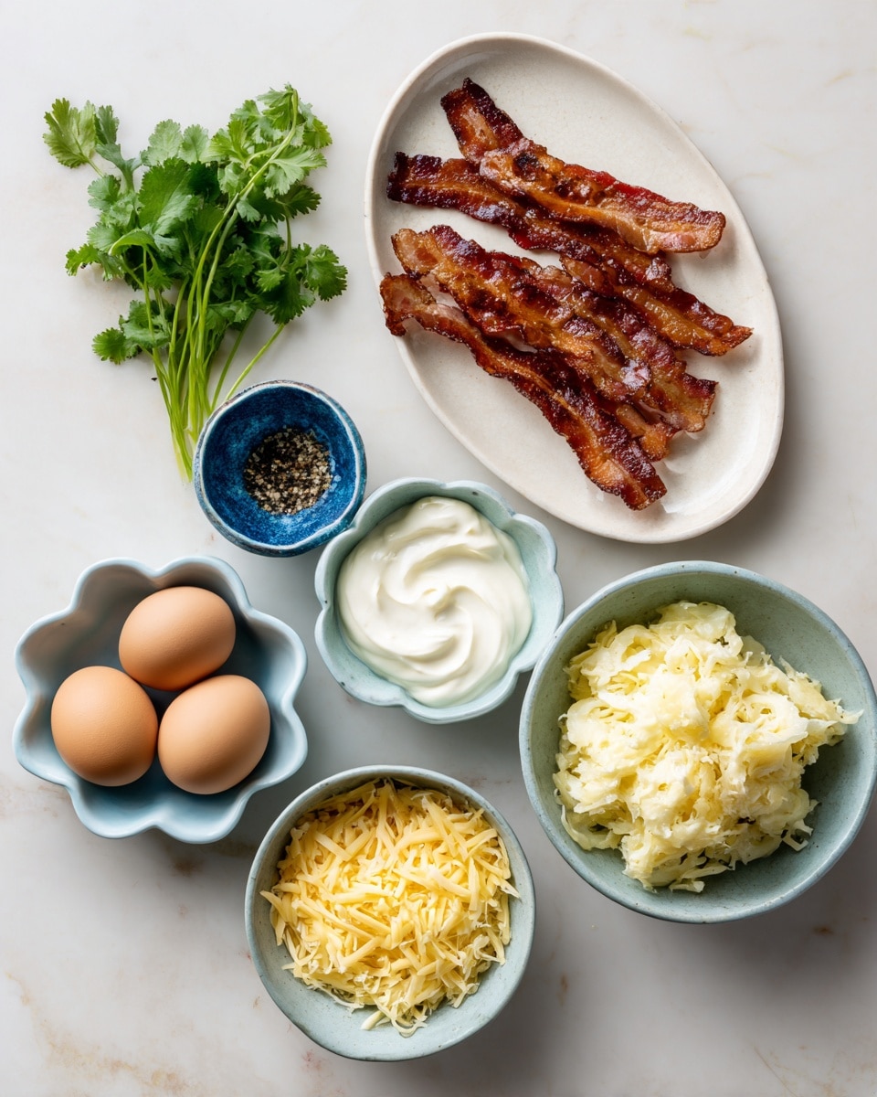 The image shows six small dishes with cooking ingredients arranged on a white marbled surface. Top left is a white oval plate with five crispy brown strips of bacon and fresh green cilantro sprigs beside them. Next to it on the right is a small blue ceramic bowl with black pepper in oil. Below that is a light blue flower-shaped bowl filled with white creamy sour cream. To the right of that is a larger light blue bowl filled with a mound of shredded pale yellow potatoes. In the bottom left corner, there is a white oval dish holding two brown eggs. Finally, on the bottom right, a small light blue bowl holds a pile of shredded yellow cheese. photo taken with an iphone --ar 4:5 --v 7