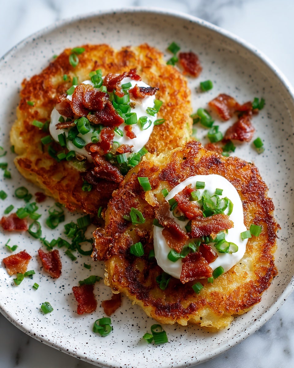 Two round, golden-brown crispy potato pancakes sit side by side on a speckled white plate. Each pancake is topped with a dollop of white sour cream, sprinkled with small pieces of crispy reddish-brown bacon and fresh bright green chopped scallions. More bits of bacon and scallions are scattered loosely around the pancakes on the plate. The plate rests on a white marbled surface. photo taken with an iphone --ar 4:5 --v 7