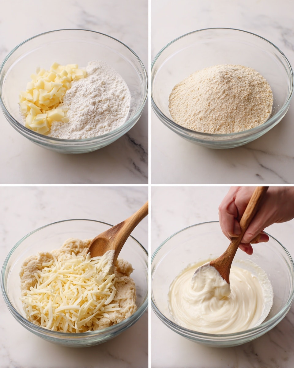 A clear glass bowl sits on a white marbled surface, filled with three layers in the first image: a base of white flour, a layer of small pale yellow chunks on the top left, and a second pile of light brown powder on the right side of the bowl. In the second image, the bowl shows the ingredients mixed together into a rough, uneven light beige dough with a soft texture. The third image displays the combined dough base with a layer of shredded pale yellow cheese placed on top on one side. The last image shows the dough mix after adding a creamy white liquid layer, with a woman's hand stirring the ingredients with a wooden spoon, creating a swirled texture. Photo taken with an iphone --ar 4:5 --v 7