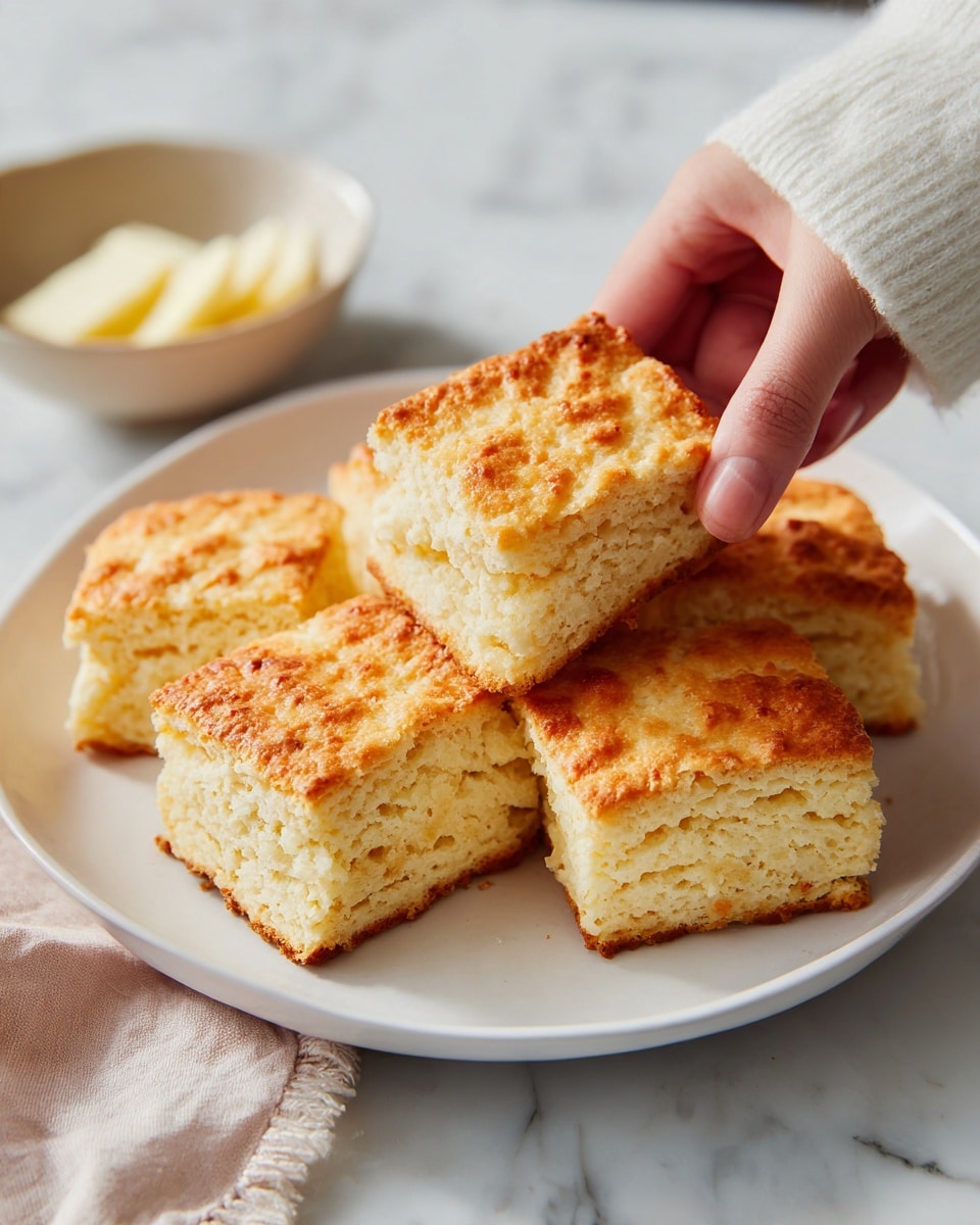A white plate holds six square biscuits with a golden-brown, slightly rough top layer showing light baking marks. The biscuits have a crumbly texture with small, visible layers inside. The plate sits on a white marbled surface, and in the top right corner, part of a bowl with thin slices of light yellow food is visible. A woman's white sleeve and fingers gently hold one biscuit on the left side. photo taken with an iphone --ar 4:5 --v 7