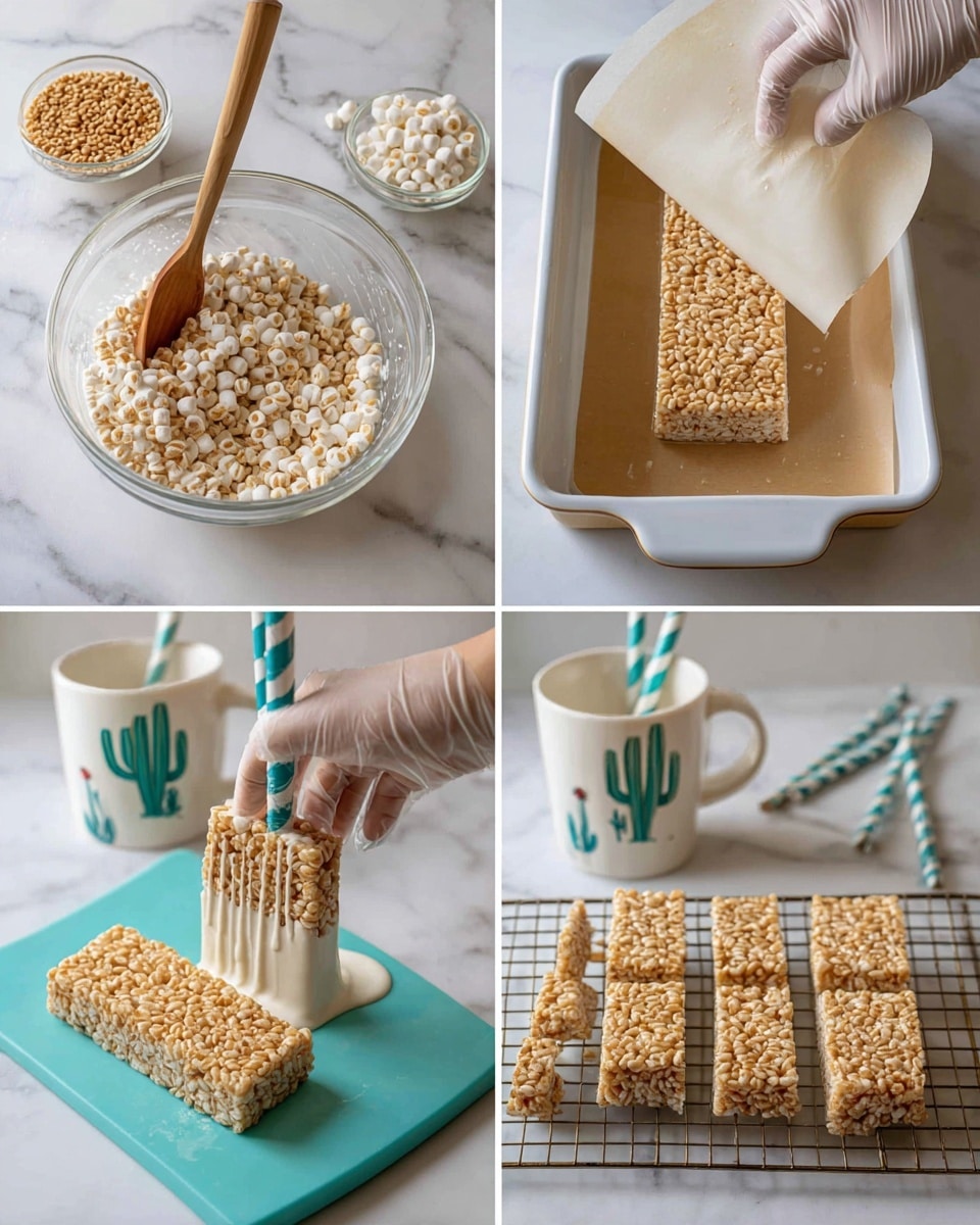 The image set shows a step-by-step process of making crispy rice treats on a stick. The first photo shows a clear glass bowl with a light tan, crumbly crispy rice mixture being stirred with a wooden spoon, next to a bowl filled with dry crispy rice. The second photo shows a woman's hand peeling white parchment paper off a black baking pan holding the mixture pressed flat. The third shows a woman's hand slicing the baked mixture into rectangular bars on a blue cutting board. In the fourth, a pink-gloved woman’s hand inserts a striped paper straw into a rectangular rice treat held upright. The fifth photo shows a treat being dipped into a mug of light cream-colored melted coating held above the mug. The last photo features the pink-gloved hand decorating the treat with pink icing using a piping bag, with several coated treats resting on a white tray behind, all on a white marbled surface. Photo taken with an iphone --ar 4:5 --v 7