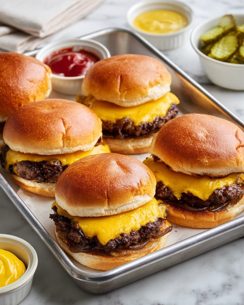Five cheeseburgers sit on a metal tray with soft, golden-brown buns on top, each bun slightly wrinkled and shiny. Underneath the buns are melted yellow cheese slices covering browned beef patties, with thin, golden-brown grilled onion slices peeking out from the sides. On the top left and right of the tray are small white bowls filled with bright red ketchup and smooth yellow mustard. To the bottom left, a white bowl holds several sliced green pickles. The tray is placed on a white marbled surface. Photo taken with an iphone --ar 4:5 --v 7