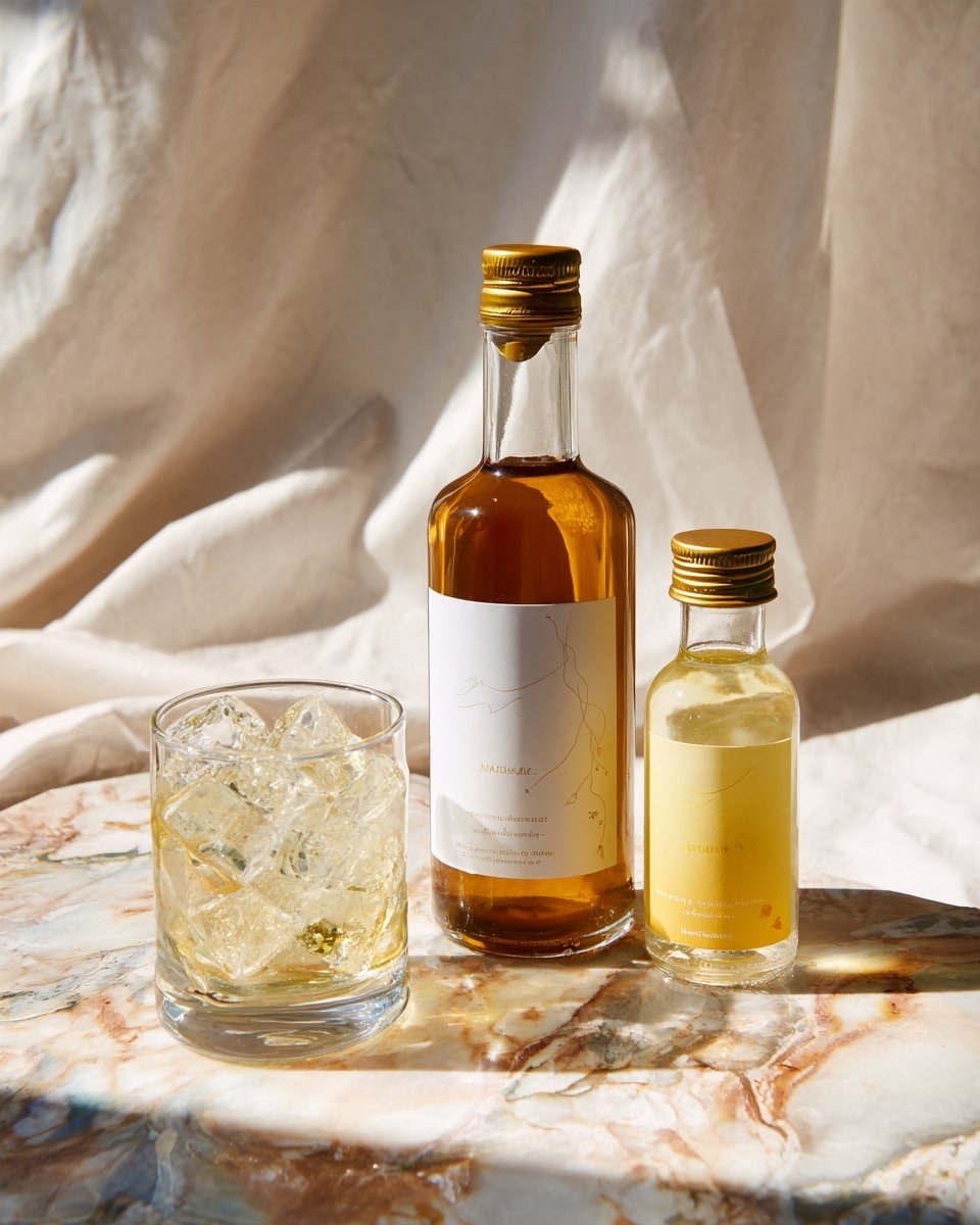 The image shows a white marbled surface with two bottles placed apart. On the left, there is a tall clear glass bottle filled with light amber liquid, labeled with the word