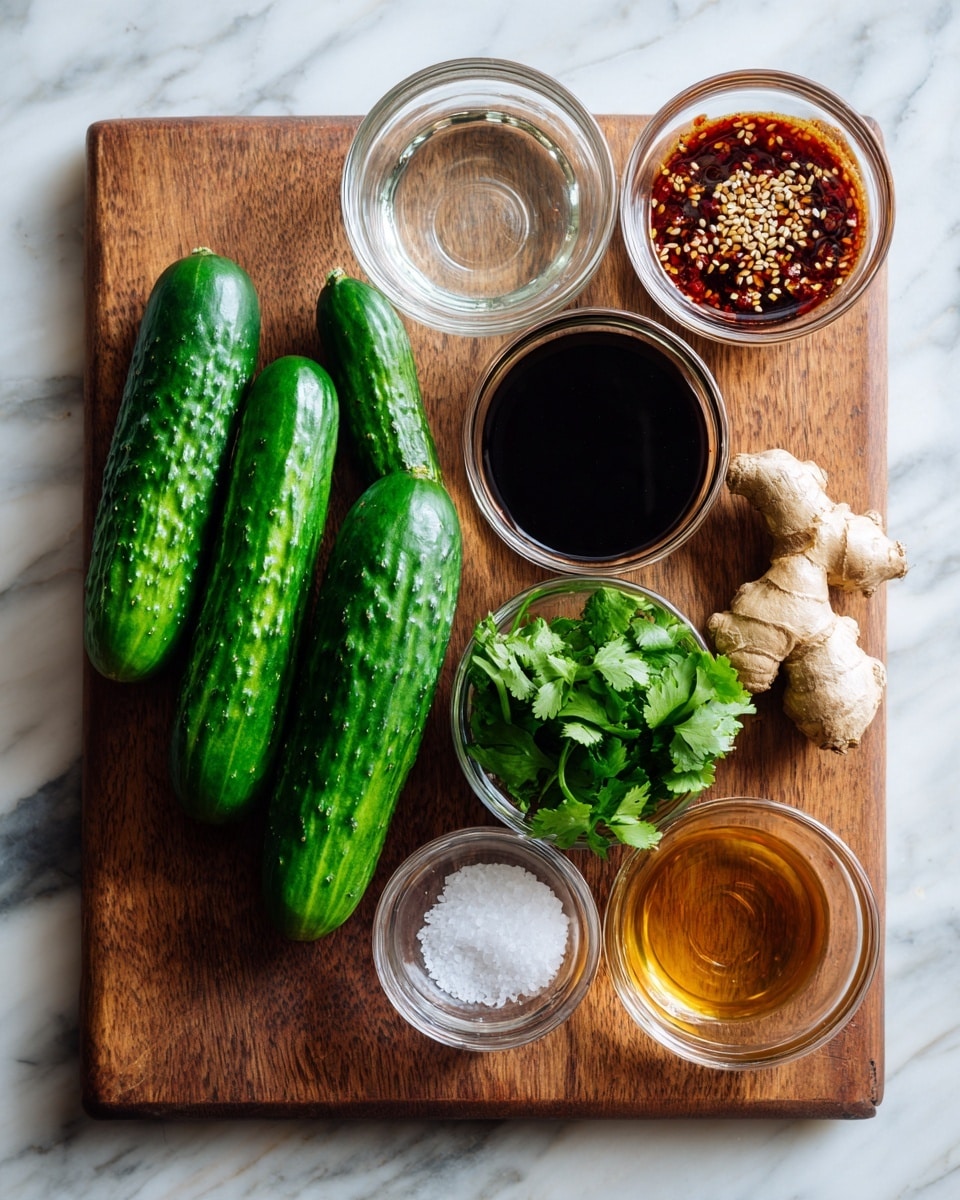 The image shows a wooden textured board with four fresh, bright green cucumbers arranged on the left side. On the right side, there are seven small glass bowls placed neatly: the top left bowl is empty with a clear liquid, the top right bowl contains a dark red chili sauce with sesame seeds, the middle left bowl holds a dark soy-like liquid, the middle center bowl is filled with fresh green cilantro leaves, the middle right bowl contains a light amber liquid, and the bottom left bowl has white granulated salt. Next to the salt bowl is a small piece of fresh ginger root with a tan, knobby skin. The entire scene is set on a white marbled surface. Photo taken with an iphone --ar 4:5 --v 7