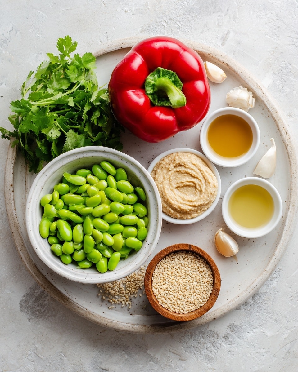 The image shows a white marbled round tray holding several small white bowls and fresh ingredients. On the top left side, there is a big red bell pepper lying next to a bunch of green fresh cilantro leaves. Below the pepper, a small white bowl is filled with bright green edamame beans. To the right of the edamame, another white bowl holds a creamy light brown paste, with a white garlic head just behind it. Around the edge of the tray, there are small white bowls containing various liquids in yellow and light brown shades, plus a small wooden bowl with beige sesame seeds. The overall arrangement is neat, with each item clearly visible against the white marbled surface. photo taken with an iphone --ar 4:5 --v 7
