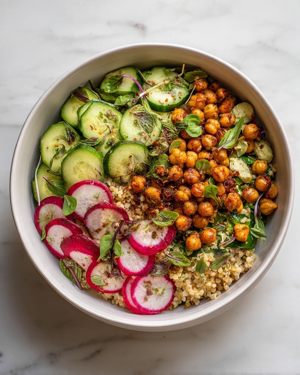The image shows a white round bowl filled with a colorful salad on a white marbled surface. The salad has three main layers: a base layer of cooked grains with a light brown and beige color, a middle layer of sliced red radishes and green cucumber rounds scattered evenly around, and a top layer of golden-brown toasted chickpeas and small green herb leaves spread across for garnish. The textures show a mix of soft grains and crunchy vegetables and chickpeas, making the dish look fresh and healthy. photo taken with an iphone --ar 4:5 --v 7