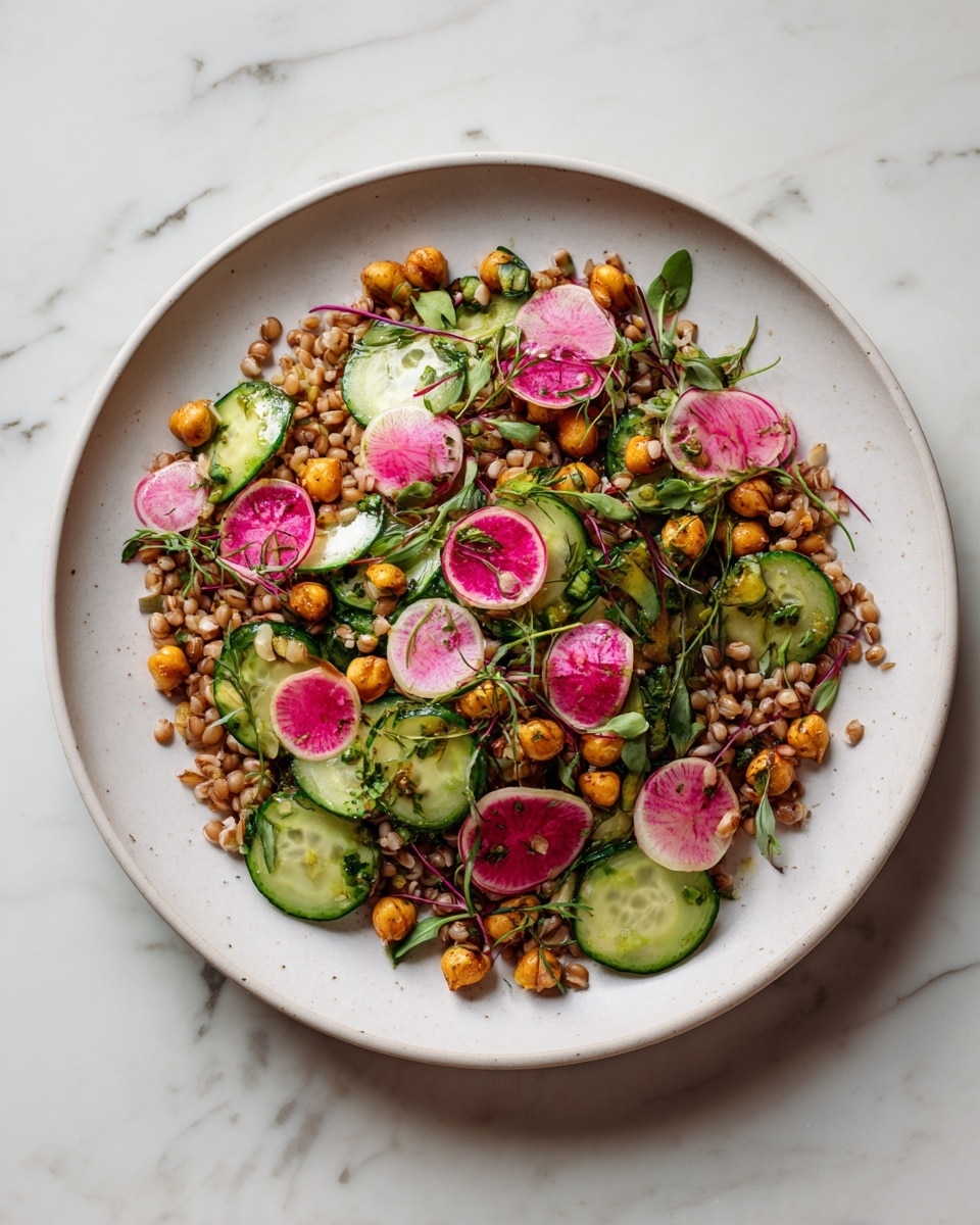A large white plate holds a colorful salad composed of several layers, starting with a base of light brown cooked grains that have a slightly rough texture. On top of this are thinly sliced green cucumbers and red radish pieces arranged evenly around the plate. Scattered throughout are golden roasted chickpeas adding crunch. Small green leafy herbs are sprinkled lightly across the top, adding freshness and contrast. The plate is placed on a white marbled surface. Photo taken with an iphone --ar 4:5 --v 7