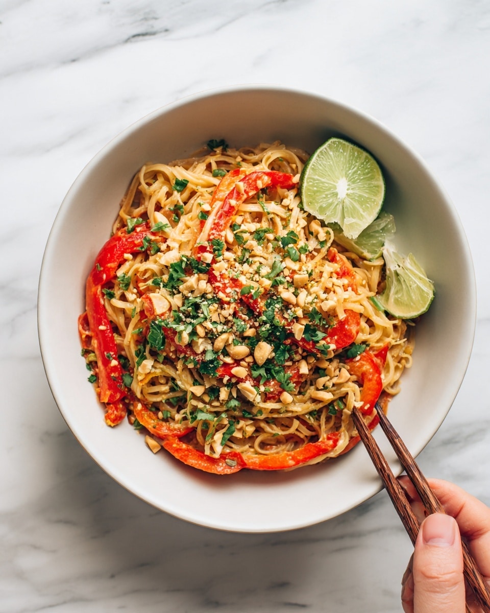 A bowl filled with colorful noodles mixed with sliced red and orange bell peppers layered on top, sprinkled with chopped green herbs and crushed peanuts, with a wedge of lime resting on the side. The noodles look soft and slightly shiny, and the peppers add bright, fresh colors. The bowl is white and sits on a white marbled surface, with wooden chopsticks placed to the right. A woman's hand is reaching into the bowl holding the chopsticks. Photo taken with an iphone --ar 4:5 --v 7