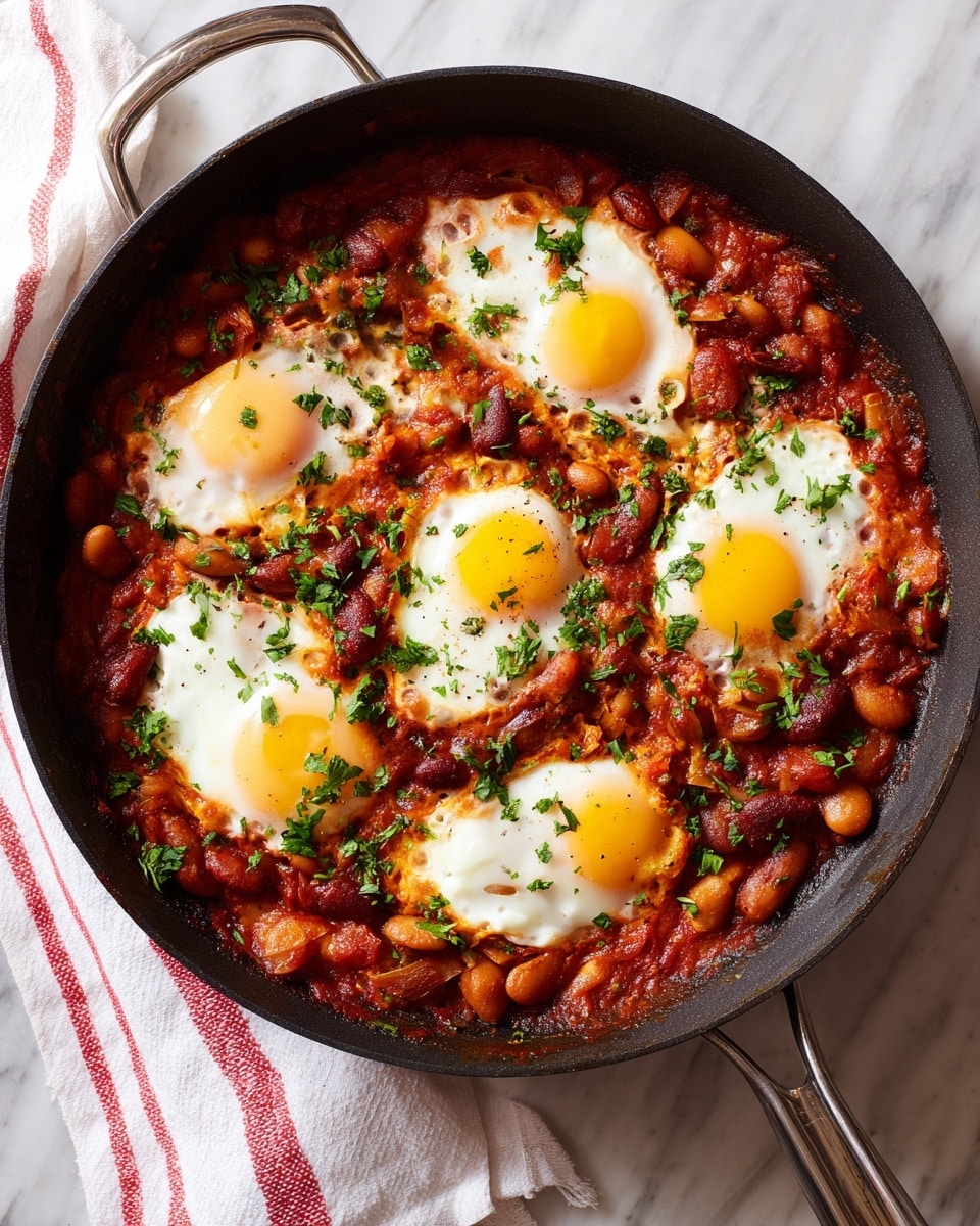 A black skillet filled with five cooked eggs with bright yellow yolks on top of a rich red tomato sauce mixed with various beans and small cooked vegetables. The skillet is on a white marbled surface with a white towel with red stripes beside it. The texture of the sauce looks thick and chunky, with bits of roasted vegetables and beans clearly visible under and around the eggs, which are evenly spaced throughout the pan. Photo taken with an iphone --ar 4:5 --v 7