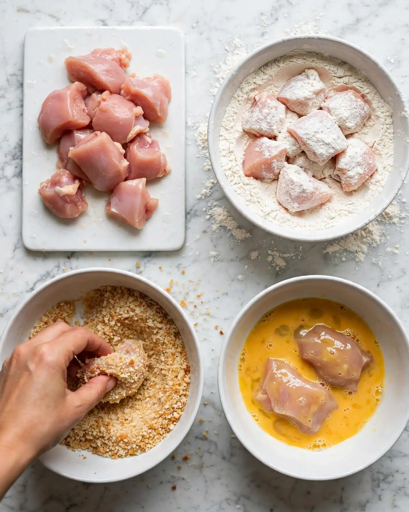 Crunchy Baked Chicken Nuggets Recipe 4 square image The image shows a white marbled surface with four main items arranged neatly: on the top left is a small white cutting board with raw pink chicken pieces placed on it; to the right of the cutting board is a white bowl filled with white flour and raw chicken pieces partially covered in the flour; below that is a white bowl with a yellow egg wash with a couple of chicken pieces inside; and on the bottom left is a white bowl filled with golden breadcrumbs where a woman's hand is dipping a piece of chicken. The setup shows the process of preparing chicken for frying with clear layers of raw chicken, flour, egg wash, and breadcrumbs. photo taken with an iphone --ar 4:5 --v 7