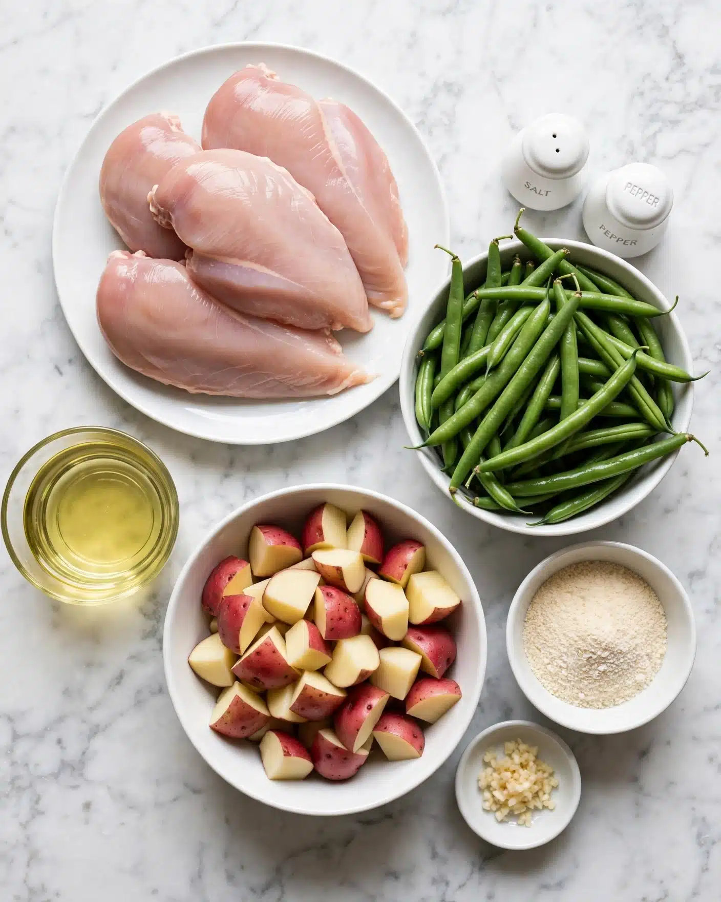 Sheet Pan Parmesan Chicken Breast and Veggies Recipe 4 square image A top view of a white plate holding four raw chicken pieces arranged overlapping each other with soft pinkish color and smooth texture; next to it is a white bowl full of fresh green beans with a shiny surface; below the green beans is a white bowl filled with chopped red-skinned potatoes with light yellow inside, cut into small chunks; beside the potatoes is a smaller white bowl with a light beige powder, likely breadcrumbs or cheese; below that is a very small white bowl holding a small amount of minced garlic; to the left is a clear glass cup filled with light yellow cooking oil; all items rest on a white marbled surface with a pair of white salt and pepper shakers placed near the green beans bowl photo taken with an iphone --ar 4:5 --v 7
