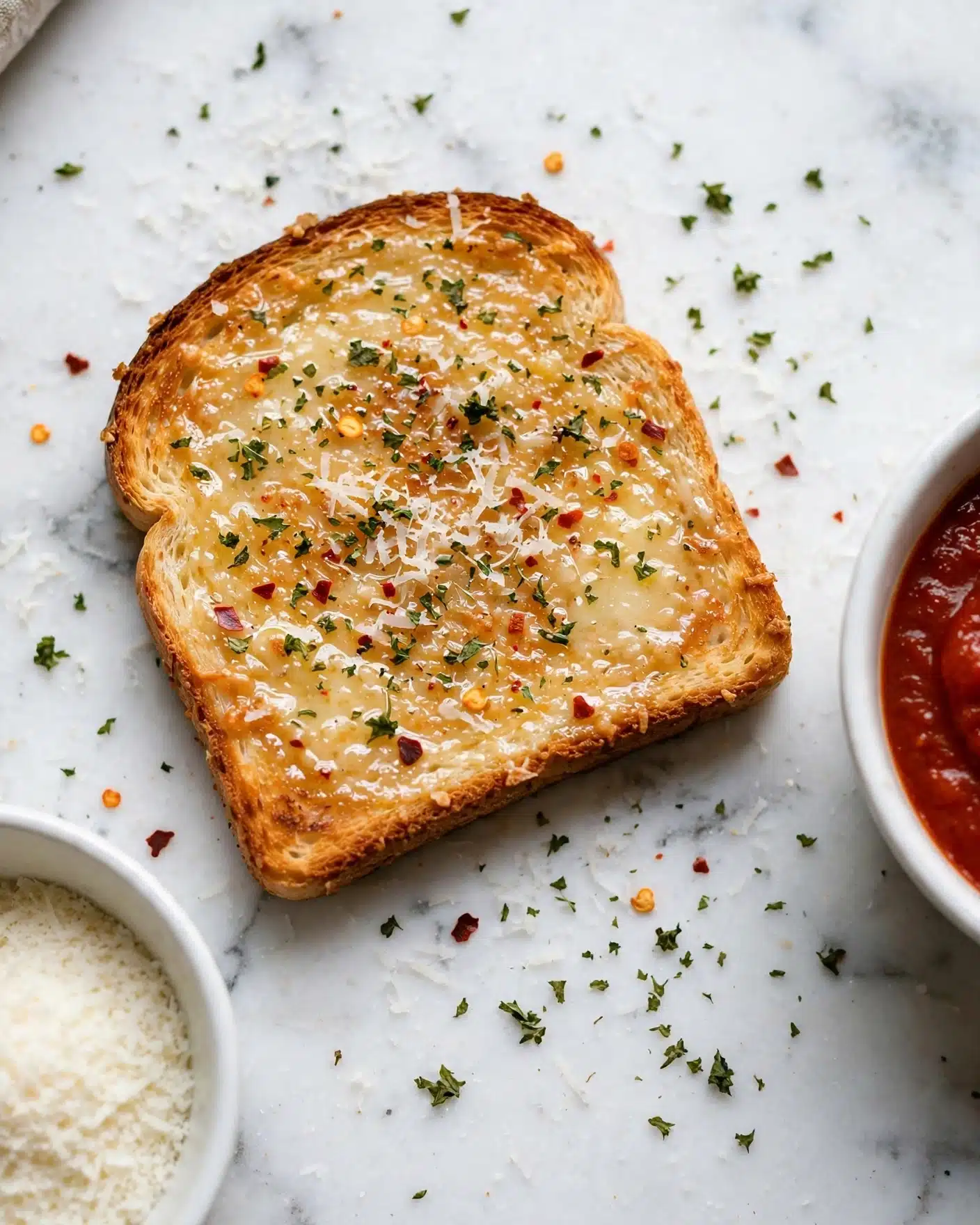 Pizza Grilled Cheese Recipe 5 square image A single slice of toasted bread is shown on a white marbled surface. The toast is golden brown with a crispy texture, topped evenly with melted butter that gives a shiny glaze. Over the top, there are small green flakes of herbs, finely grated white cheese sprinkled lightly, and tiny red chili flakes scattered across, adding color contrast. To the right edge of the image, there is a white bowl with thick red sauce visible. To the bottom left, part of another white bowl filled with fine white grated cheese is visible. Small green herbs and bits of chili flakes are scattered around the surface near the toast. photo taken with an iphone --ar 4:5 --v 7