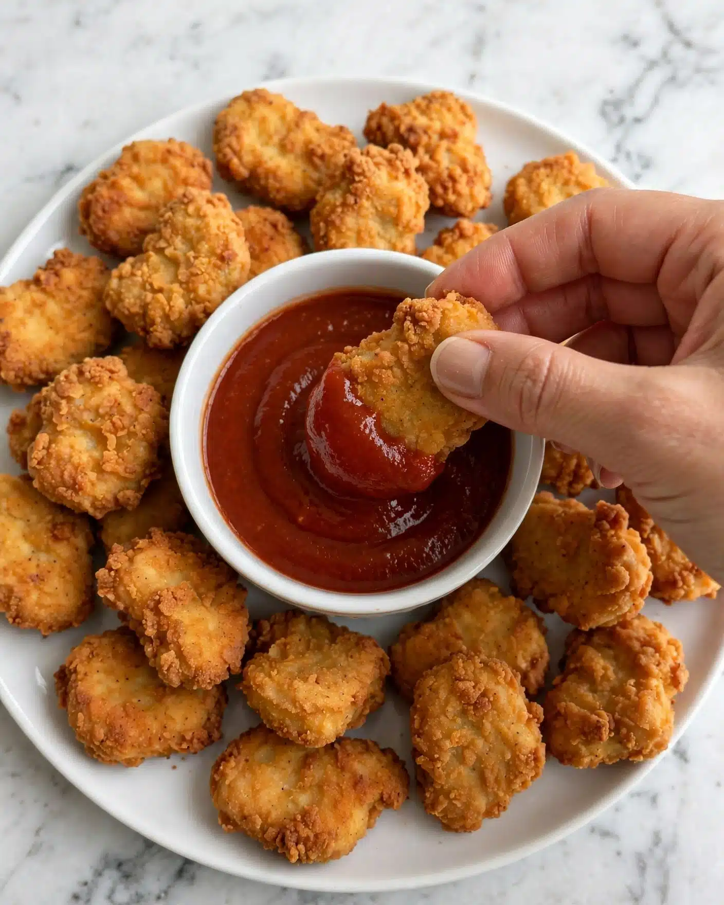 Crunchy Baked Chicken Nuggets Recipe 5 square image A white plate is filled with many golden-brown, crispy nuggets that have a crunchy texture with a rough surface. In the middle of the plate is a small white bowl filled with thick red sauce, which looks smooth and shiny. A woman's hand is holding one nugget, dipping it halfway into the sauce. The background is a white marbled texture. photo taken with an iphone --ar 4:5 --v 7