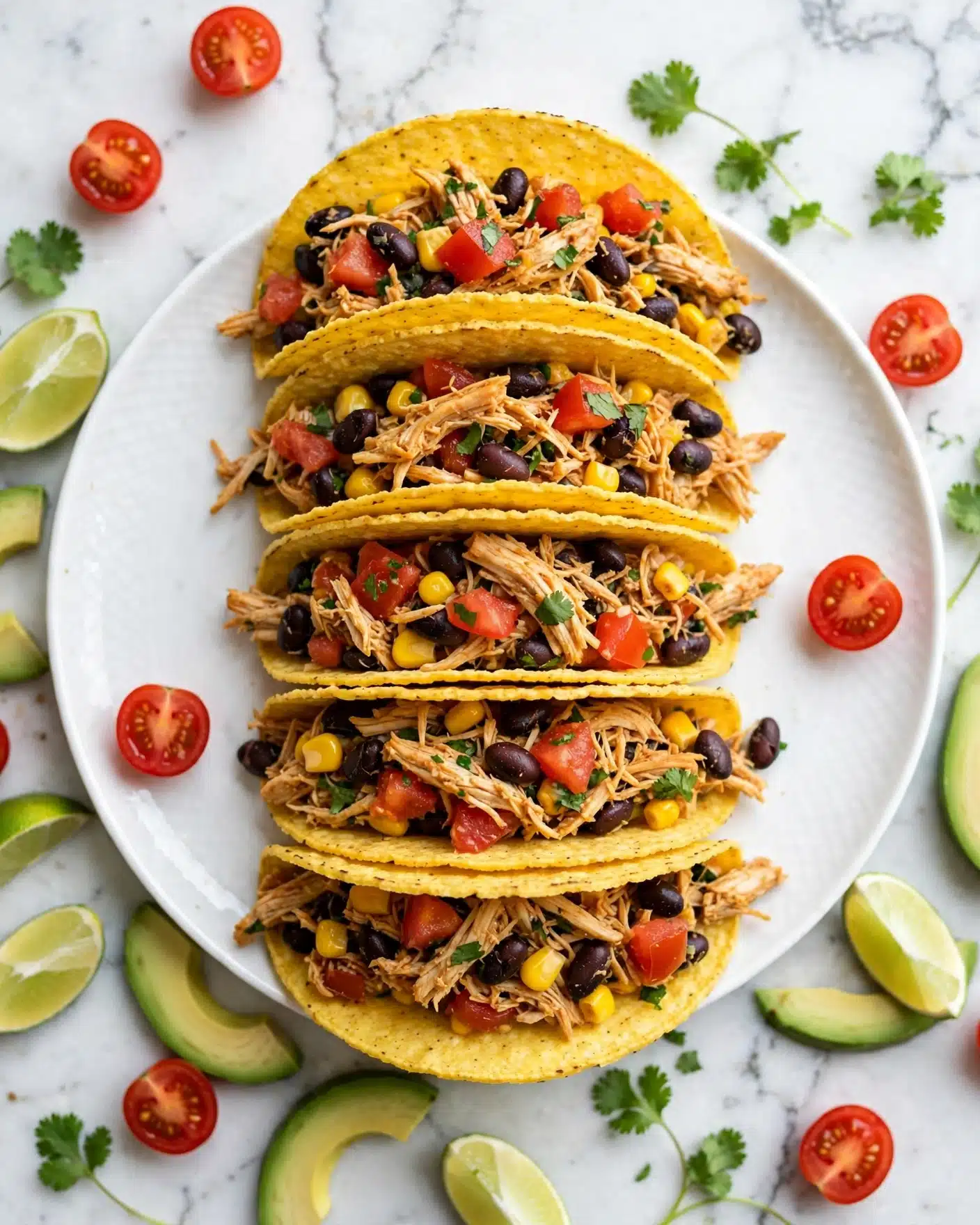 square image Five yellow taco shells are lined up vertically on a white plate with a white marbled background. Each taco is filled with shredded chicken mixed with black beans, corn, diced red tomatoes, and small green herb pieces, creating a mix of red, yellow, black, and green colors on the textured chicken layer. Around the plate are halved red cherry tomatoes, lime wedges, green avocado slices, and sprigs of fresh cilantro, adding pops of red, green, and yellow. The tacos are arranged closely, showing the filling overflowing slightly from each shell. Photo taken with an iphone --ar 4:5 --v 7
