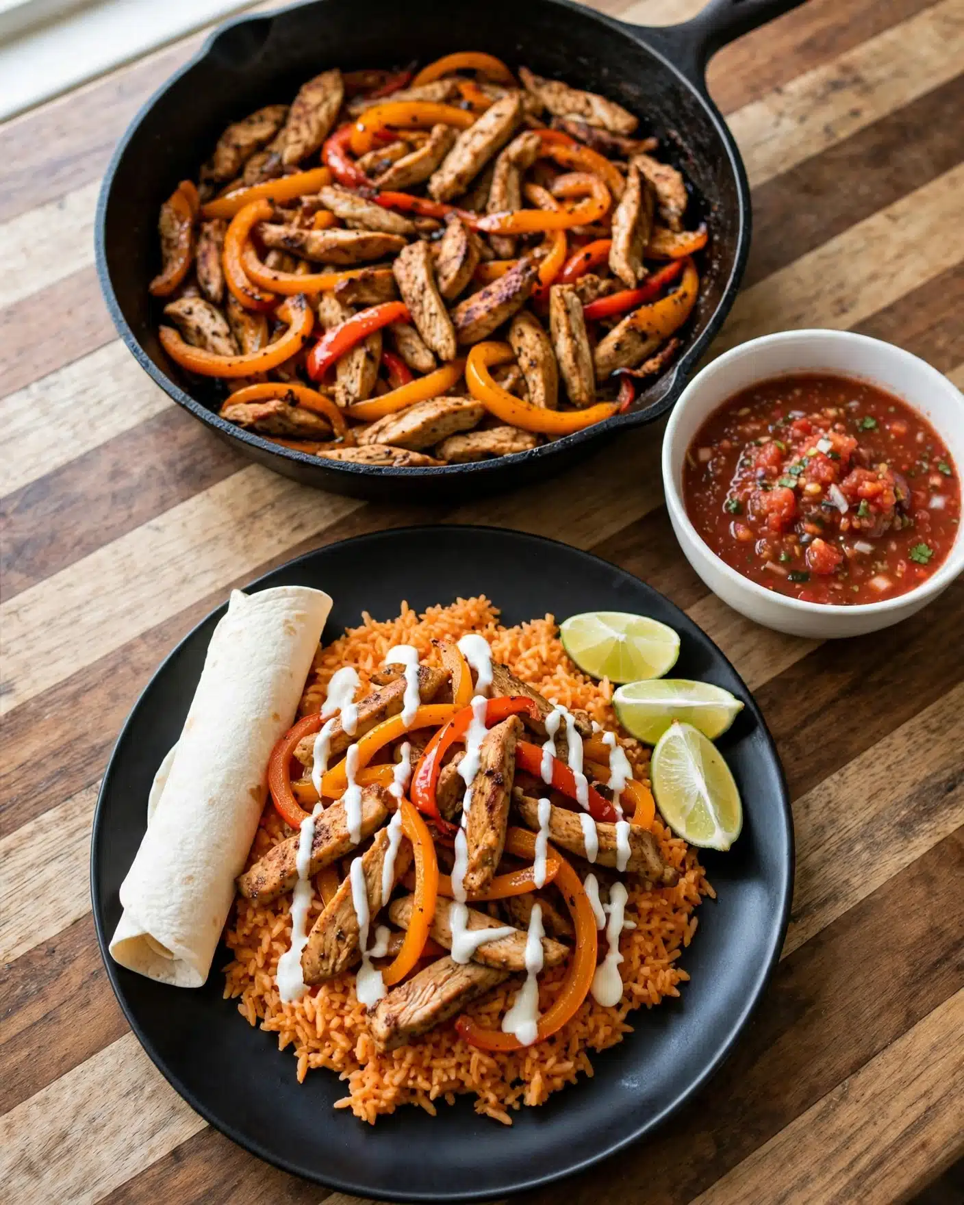 Quick One Pan Chicken Fajitas Recipe 5 square image A black plate holds a bed of orange rice topped with a mix of cooked chicken strips and thin orange and red bell pepper slices, all drizzled with white sauce. To the side on the plate is a white rolled tortilla and three lime wedges. Behind the plate is a black skillet filled with the same chicken and bell pepper mix, showing browned pieces and bright colors. Next to the skillet is a white bowl filled with red salsa with small chunks and bits of herbs. The entire scene is set on a wood surface with wide stripes. Photo taken with an iphone --ar 4:5 --v 7