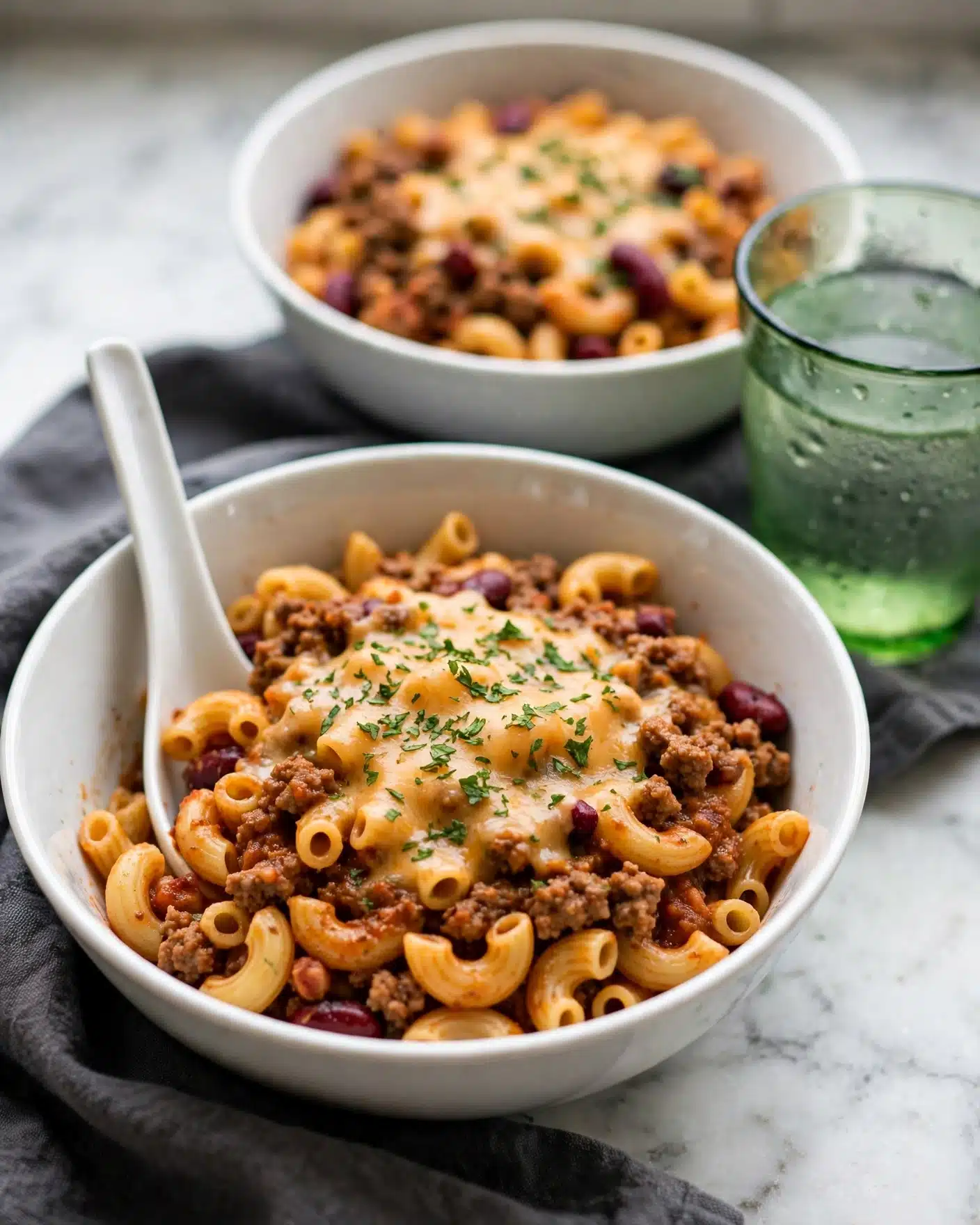 Silly Chili Macaroni Recipe 5 square image A white bowl filled with elbow pasta mixed with reddish-brown sauce, small kidney beans, and browned ground meat, topped with melted light orange cheese sprinkled with finely chopped green herbs. A white spoon is placed inside the bowl on the left side. In the background, there is a second white bowl with the same pasta dish and a clear green glass filled with water resting on a white marbled surface. A dark gray cloth is partially under the bowls. photo taken with an iphone --ar 4:5 --v 7