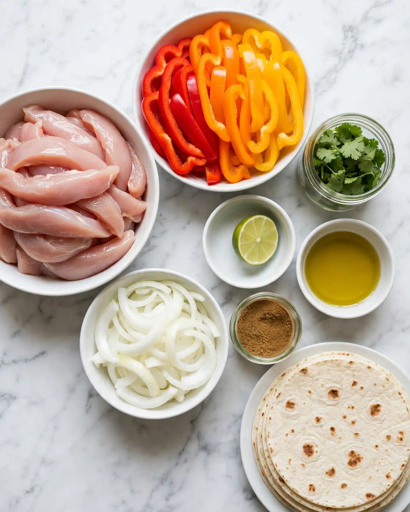 Quick One Pan Chicken Fajitas Recipe 4 square image The image shows several white bowls and plates arranged on a white marbled surface. In one bowl, there are raw chicken strips stacked together, light pink with a smooth wet texture. Another bowl contains sliced bell peppers in three colors: red, orange, and yellow, layered side by side, showing a crisp and shiny texture. A small glass jar holds fresh green cilantro leaves. Two small white bowls contain a green lime half and golden liquid, most likely oil. Another small clear jar holds a finely ground brown spice. A white bowl with sliced white onions is also present, with curved, translucent layers. At the bottom right, a stack of white flat tortillas with brown spots rests on a white plate. The colors and textures contrast nicely against the white marbled texture background. Photo taken with an iphone --ar 4:5 --v 7