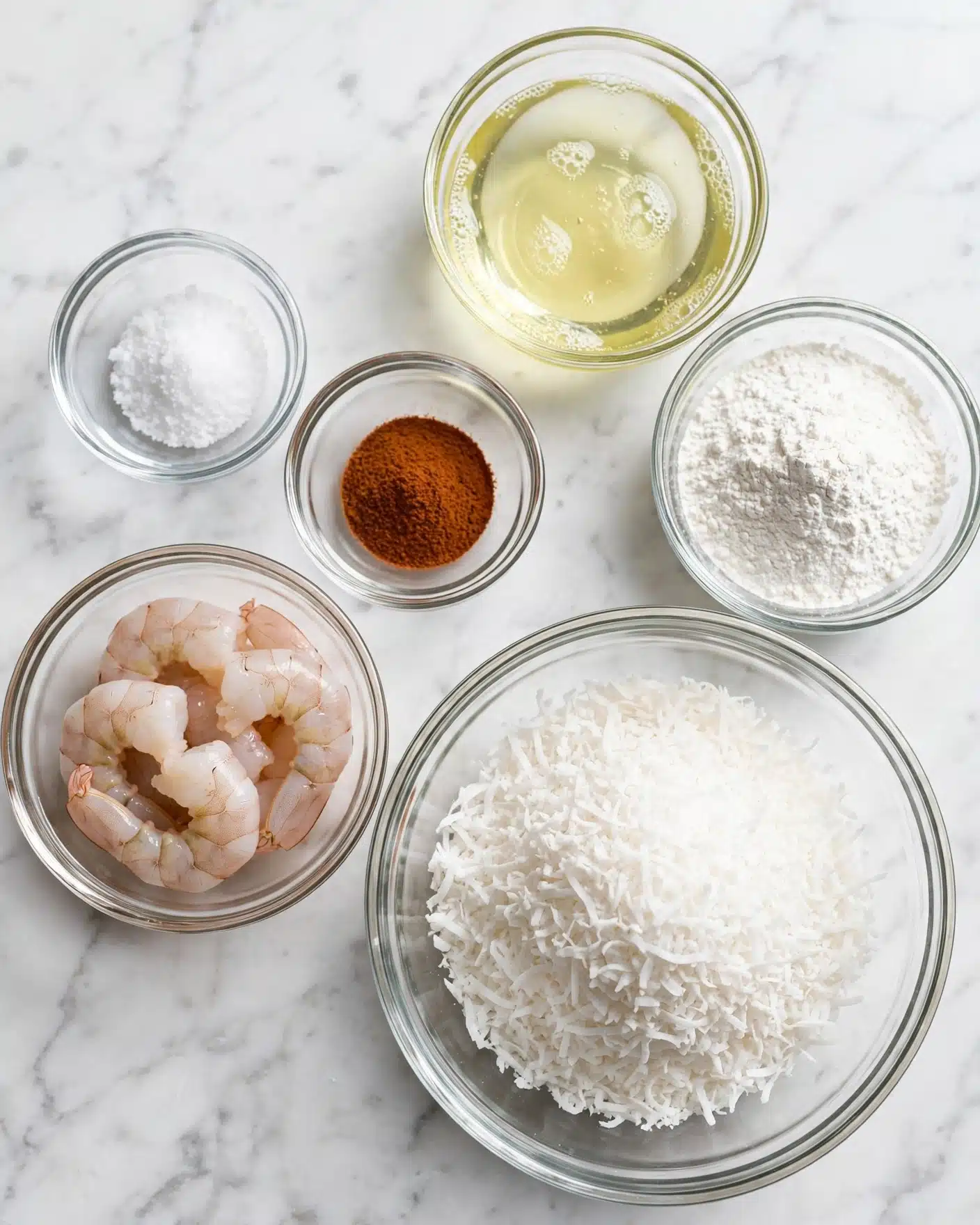 Quick Coconut Shrimp Noodles Recipe 4 square image The image shows six glass bowls arranged on a white marbled surface, each containing a different ingredient. The largest bowl at the bottom right holds white shredded coconut with a soft, fibrous texture. To its top right is a smaller bowl with white powdered flour, smooth in texture. Above that is a bowl filled with clear, slightly yellowish liquid egg whites, with a delicate texture and small bubbles on the surface. On the left bottom side, there is a bowl with peeled, raw shrimp with a pale pink and translucent color, smooth and firm in texture. Above the shrimp bowl are two small bowls; one contains coarse white salt, and the other has a reddish-brown spice powder with a fine texture. The bright and clean setting emphasizes the freshness of the ingredients. Photo taken with an iphone --ar 4:5 --v 7