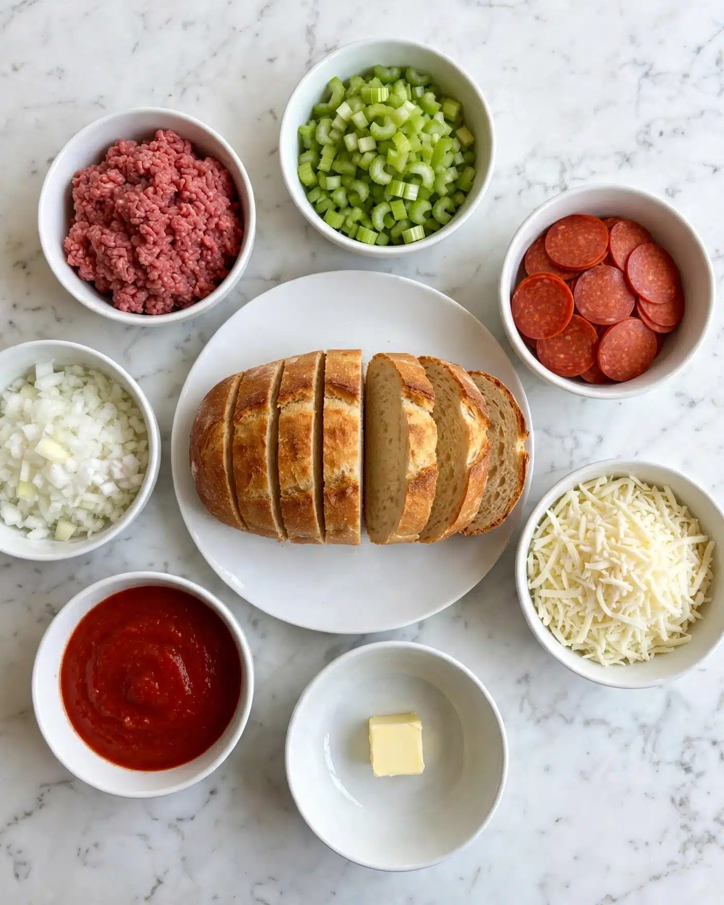 Pizza Grilled Cheese Recipe 4 square image The image shows several white bowls and a white plate arranged on a white marbled surface. In the center, a white plate holds a loaf of bread sliced into several pieces with a soft golden crust. Surrounding the plate are six white bowls with different ingredients: at the top left is raw ground meat with a rough texture, on the top middle is chopped green celery, top right has pepperoni slices in bright red, bottom right is shredded white cheese, bottom middle has a small cube of butter, bottom left holds red tomato sauce, and the remaining bowl contains finely chopped white onions. The colors are natural and vibrant, and everything is neatly arranged in a circle. Photo taken with an iphone --ar 4:5 --v 7