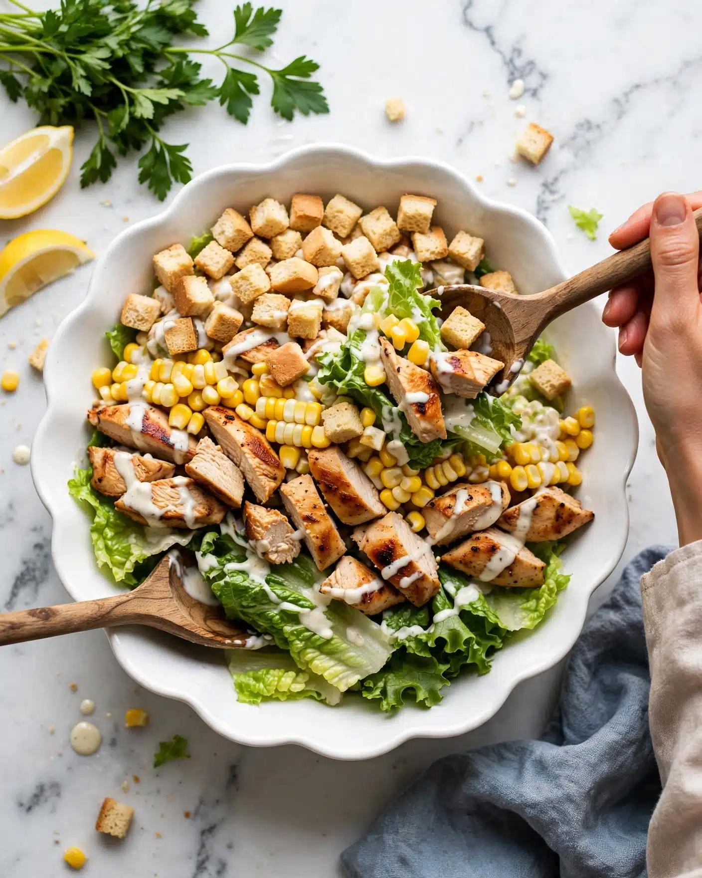 square image A white scalloped bowl filled with a salad that has three main layers: the bottom layer is crisp green lettuce leaves, the middle layer is pieces of grilled chicken with golden-brown edges and yellow corn cut into small rows, and the top layer is light tan croutons scattered evenly, all covered in a creamy white dressing drizzled lightly. Two wooden serving spoons rest inside the bowl, with one held by a woman’s hand gently lifting some salad. The bowl sits on a white marble surface with some fresh green parsley in the top left corner, a lemon wedge nearby, and a blue-gray cloth at the bottom right. Photo taken with an iphone --ar 4:5 --v 7