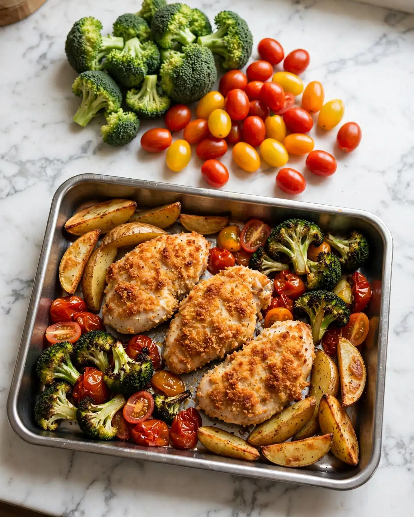 Sheet Pan Parmesan Chicken Breast and Veggies Recipe 5 square image The image shows a metal tray placed on a white marbled surface, filled with three pieces of breaded and baked chicken in the center. Around the chicken, there are golden brown potato wedges, roasted broccoli with dark green tops and light green stems, and halved cherry tomatoes in red and yellow, some softened from cooking. Above the tray, piles of fresh broccoli florets and colorful cherry tomatoes in red, yellow, and orange rest on the white marbled surface. The overall look is warm and fresh with a mix of cooked and raw ingredients. photo taken with an iphone --ar 4:5 --v 7