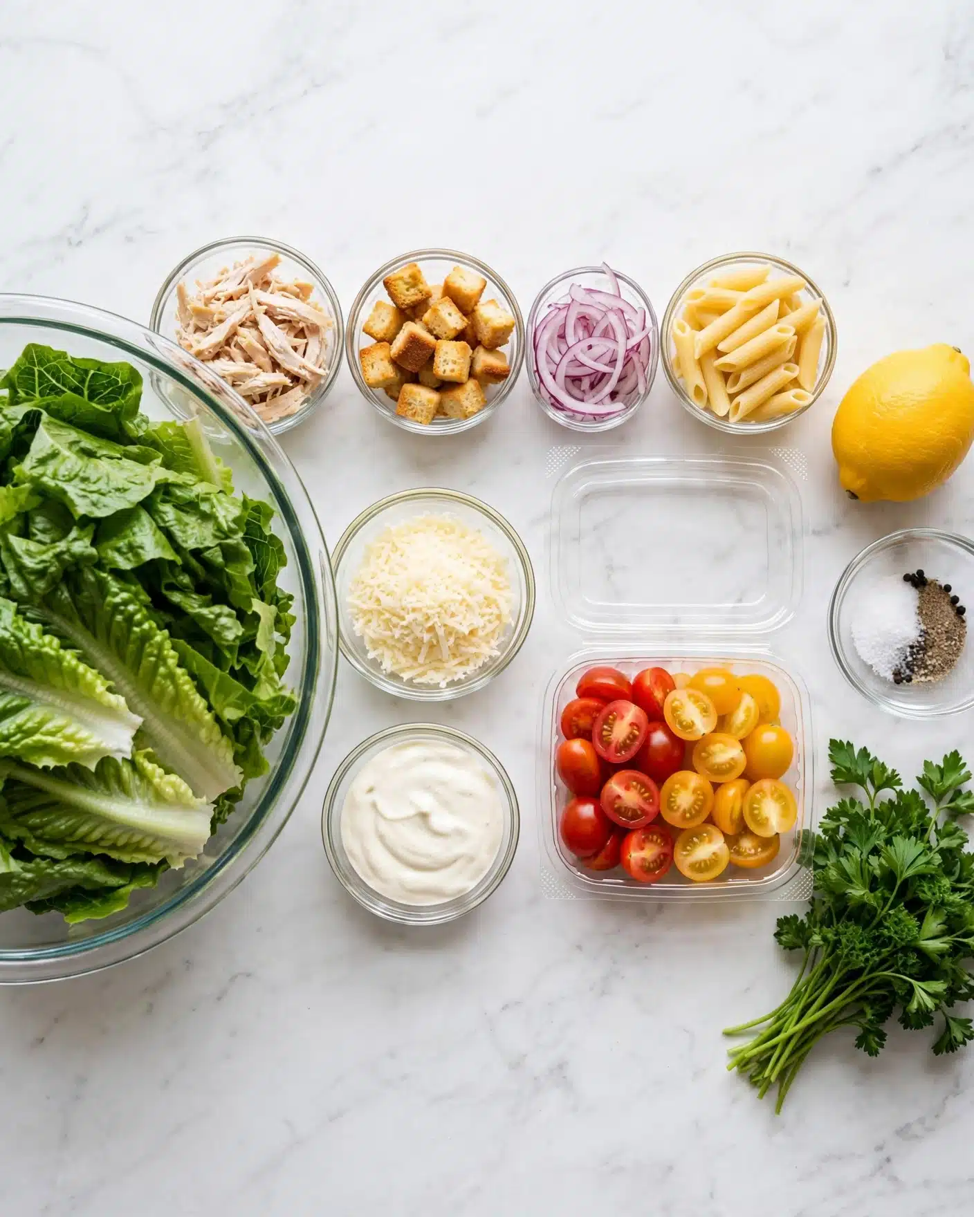 square image The image shows various ingredients arranged in separate clear glass bowls and a plastic container on a white marbled surface. There is a large bowl filled with green romaine lettuce leaves on the left, next to smaller bowls containing shredded chicken, croutons, sliced red onions, cooked penne pasta, grated cheese, and creamy white dressing. A plastic container holds halved cherry tomatoes in red and yellow colors. A whole lemon and a small bowl with salt and pepper sit near a bunch of fresh green parsley on the right side. The ingredients are placed neatly and evenly spaced, ready for making a fresh chicken pasta salad photo taken with an iphone --ar 4:5 --v 7