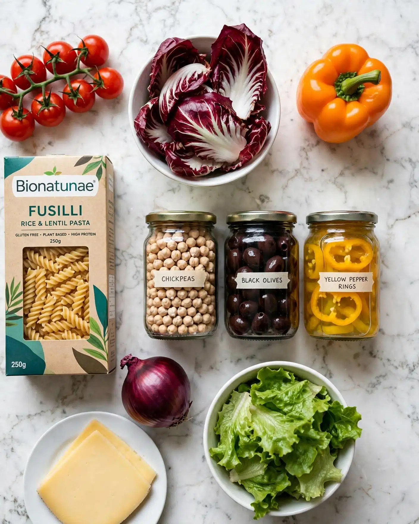 Chopped Italian Pasta Salad Recipe 4 square image The image shows various food items arranged on a white marbled surface. At the center is a white bowl filled with red and white radicchio leaves, and below it to the right is a white bowl with green lettuce leaves. To the top right of the bowl of radicchio is an orange bell pepper placed on the marble. Near the bottom left corner, there is a white plate holding two slices of yellow cheese. Above the cheese plate, there is a red onion sitting directly on the marble. To the left side of the image, a box of Bionatunae fusilli rice and lentil pasta stands upright, with a small cluster of vine tomatoes near the top left corner. In the middle, there are three jars: one with chickpeas, one with black olives, and one with yellow pepper rings, all sitting neatly on the surface. photo taken with an iphone --ar 4:5 --v 7