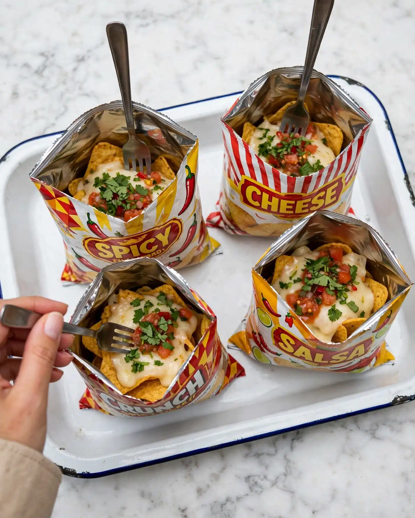 square image Four open small bags of chips are placed on a white enamel tray with a blue rim, resting on a white marbled surface. Each bag stands upright, showing the silver inside lining and colorful printed outside wrappers in reds, whites, and yellows. The bags are filled with layers of food, starting from yellow chips at the bottom, topped with melted white cheese, green herbs like cilantro, and small chunks of red sauce or salsa. Three small metal forks are stuck into three of the bags, with one inserted by a woman's hand holding the fork in the bottom left corner of the tray. Photo taken with an iphone --ar 4:5 --v 7